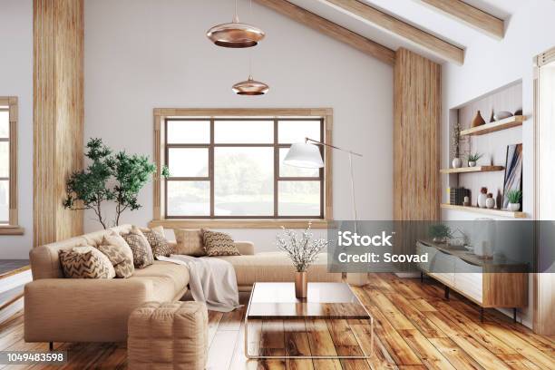 Interior Of Modern Living Room 3d Rendering Stock Photo - Download Image Now - Wood - Material, Living Room, Window