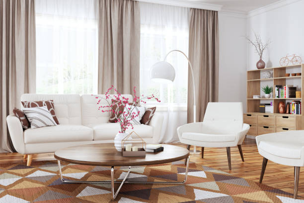 interno del moderno soggiorno rendering 3d - chair coffee table curtain floor foto e immagini stock