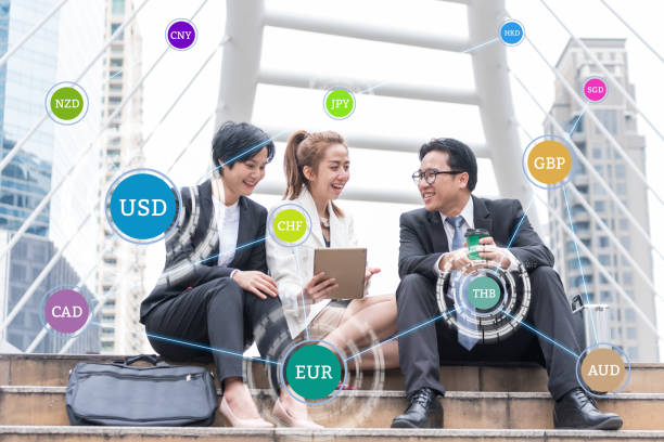 istock Digital Composite Image Of Business People Sitting By Various Text On Steps In City 1049484870