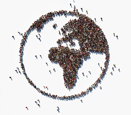 Human crowd forming world symbol on white background. Horizontal  composition with copy space. Clipping path is included. Population and Social Media concept.