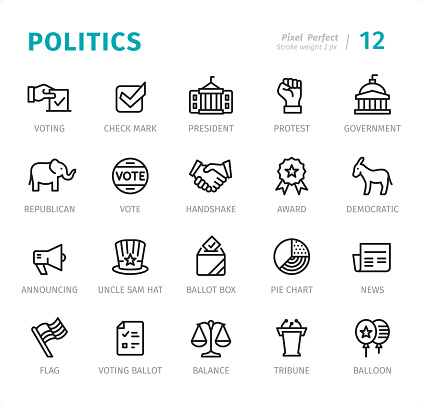 Politics and Government - 20 Outline Style - Single line icons with captions / Set #12 / Designed in 48x48 pх square, outline stroke 2 px

First row of outline icons contains:
Voting, Check Mark, President, Protest, Government;

Second row contains:
Elephant (Republican), Vote, Handshake, Award, Donkey (Democratic);

Third row contains:
Announcing, Uncle Sam Hat, Ballot Box, Pie Chart, News;

Fourth row contains:
Flag, Voting Ballot, Balance, Tribune, Balloon.

Complete Signico collection - https://www.istockphoto.com/collaboration/boards/VT_7sDWo80OLh7foVxchBQ