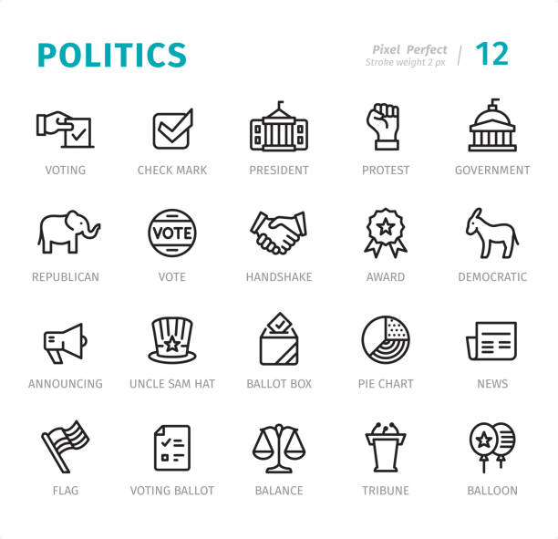 Politics - Pixel Perfect line icons with captions Politics and Government - 20 Outline Style - Single line icons with captions / Set #12 / Designed in 48x48 pх square, outline stroke 2 px

First row of outline icons contains:
Voting, Check Mark, President, Protest, Government;

Second row contains:
Elephant (Republican), Vote, Handshake, Award, Donkey (Democratic);

Third row contains:
Announcing, Uncle Sam Hat, Ballot Box, Pie Chart, News;

Fourth row contains:
Flag, Voting Ballot, Balance, Tribune, Balloon.

Complete Signico collection - https://www.istockphoto.com/collaboration/boards/VT_7sDWo80OLh7foVxchBQ politics stock illustrations