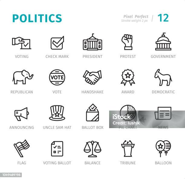 Politics Pixel Perfect Line Icons With Captions Stock Illustration - Download Image Now - Icon, Government, Politics