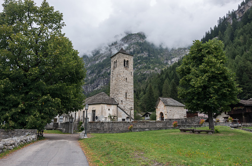 Chiesa Vecchia. Small Romanesque village church in Staffa, Мacugnaga, which\nlies at the foot of Monte Rosa, Italy