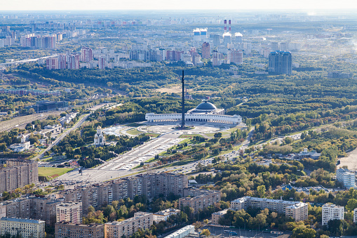 above view of memorial complex Victory Park on Poklonnaya Hill in Moscow city from observation deck at the top of OKO tower in autumn