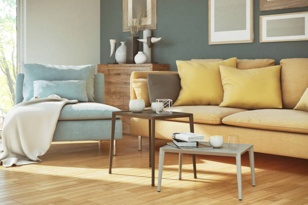 istock Yellow sofa and blue chair 1049509646
