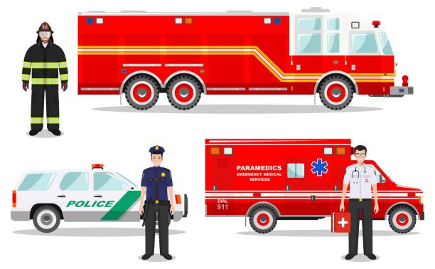 notfallkonzept. detaillierte darstellung der feuerwehrmann, arzt, polizist mit feuer lkw, krankenwagen und polizei auto im flachen stil auf weißem hintergrund. vektor-illustration. - chemical set car men stock-grafiken, -clipart, -cartoons und -symbole