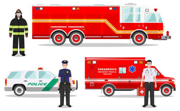 비상 개념입니다. 소방 관, 의사, 흰색 ��바탕에 플랫 스타일에 불 트럭, 구급차, 경찰 차 경찰관의 상세한 그림. 벡터 일러스트입니다. - paramedic fire department emergency sign healthcare and medicine stock illustrations