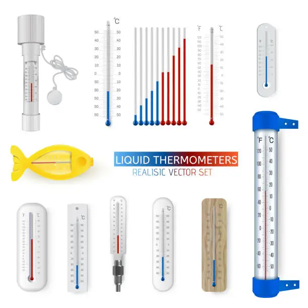 Vector illustration of set of realistic various household and meteorological liquid thermometers
