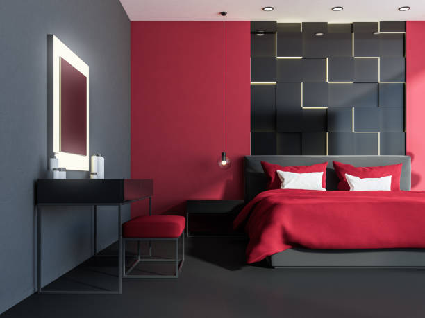 istock Red and gray bedroom interior, makeup table 1049517094