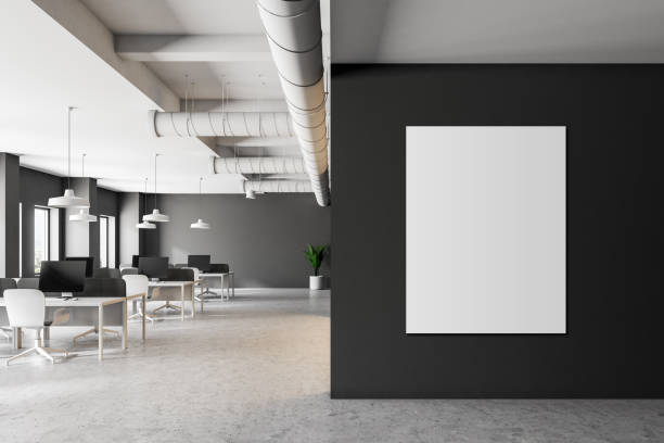 istock Dark gray minimalistic office interior, poster 1049518000