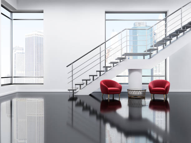 istock White loft office waiting room, red armchairs 1049519930