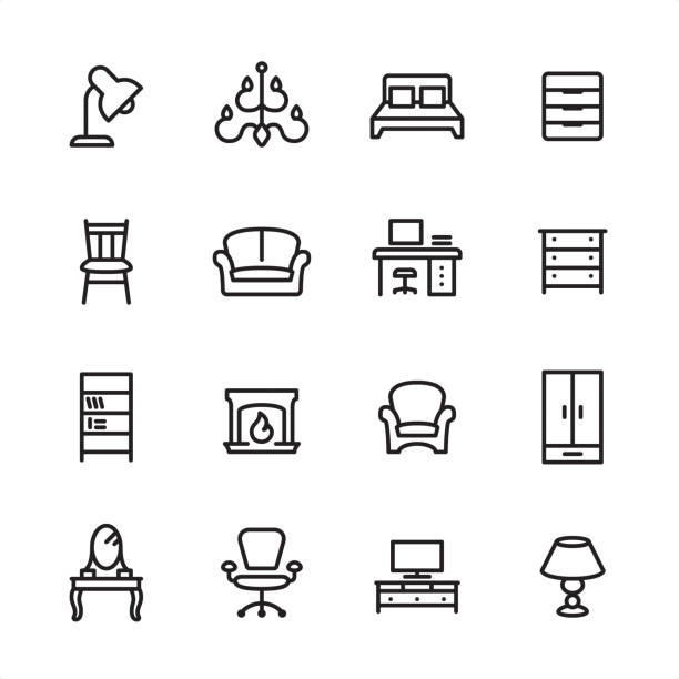ilustrações, clipart, desenhos animados e ícones de móveis - conjunto de ícones de contorno - computer stand