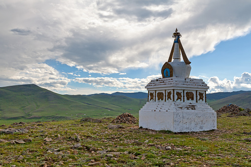 Small stupa on a the hill near the Monument for Mongol States between the Orkhon river and Kharkhorin in Mongolia.