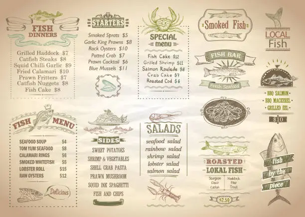 Vector illustration of Fish menu set, seafood menu, copy space for text