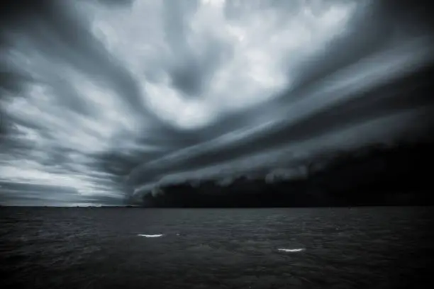 Cloudy storm in the sea before the rain. tornado storms cloud above the sea. Monsoon season. Hurricane Florence. Hurricane Katrina.