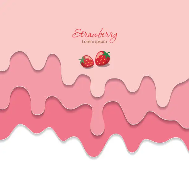 Vector illustration of Melted flowing strawberry pink cream background. 3d paper cut out layers.