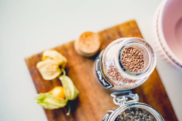 Close Up Flax Seeds In a Jar From Above