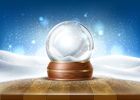 Vector christmas snowglobe on wood table on snowfalls background. Realistic traditional winter holiday decoration crystal with snow, snowflakes inside. Xmas magical toy, empty sphere, 3d illustration