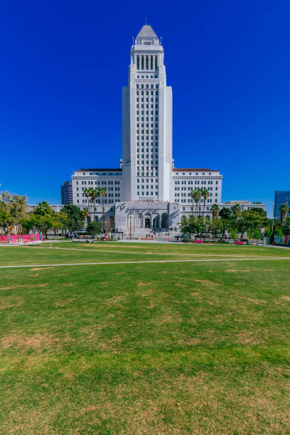 Los Angeles City Hall viewed from Grand Park stock photo