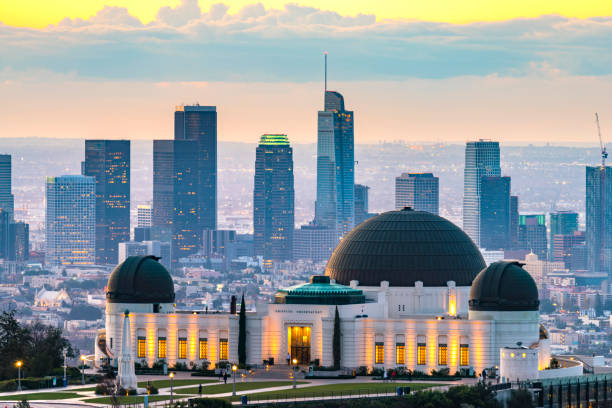 Griffith 0bservatory Park with Los Angeles skyline at Dawn stock photo