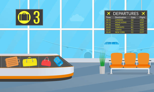 Airport terminal interior with chairs, departure board and conveyor belt for luggage or baggage carousel. Vector illustration. Airport terminal interior with chairs, departure board and conveyor belt for luggage or baggage carousel. Vector illustration. airport backgrounds stock illustrations