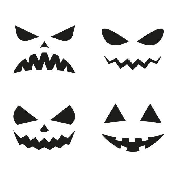 halloween dyni twarze ikony zestaw. przerażające sylwetki twarzy. ilustracja wektorowa. - anthropomorphic stock illustrations