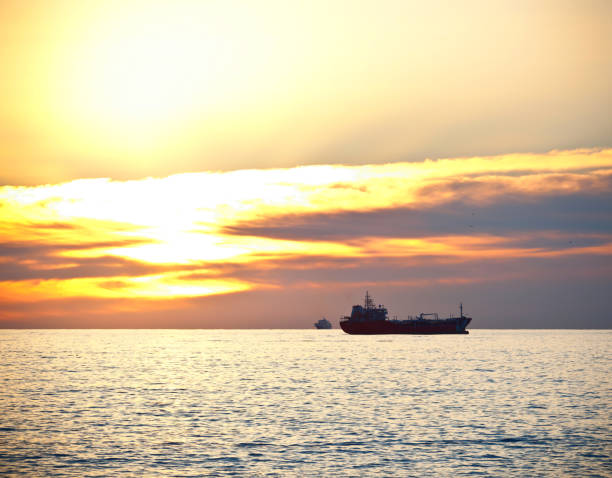 istock Silhouette of a cargo ship 1049562484