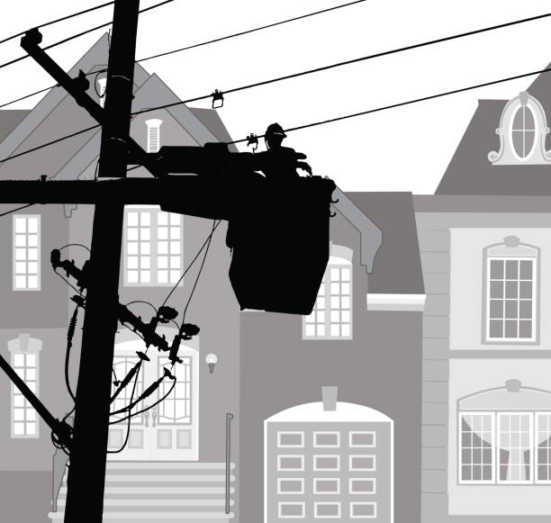 Neighbourhood power maintemance Electricity poles maintenance electricity silhouettes stock illustrations
