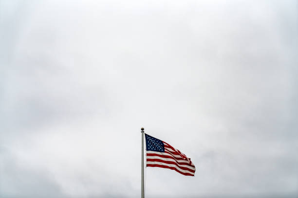 曇りの灰色の背景に手を振っているアメリカの国旗 - american flag star shape striped fourth of july ストックフォトと画像