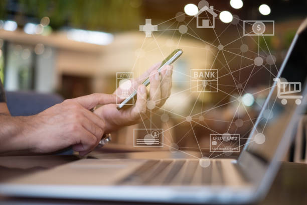 mobile banking network mobile banking network. business people using mobile phone with icon application online payment. banks and atms stock pictures, royalty-free photos & images