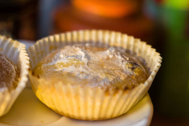 still life - muffins in powdered sugar, homemade bakery on dark background, close up