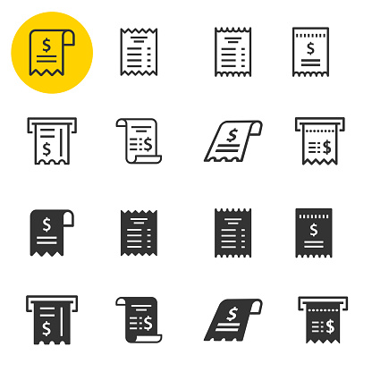 Receipt icon set. Black vector illustrations isolated on white. Simple pictograms for graphic and web design.