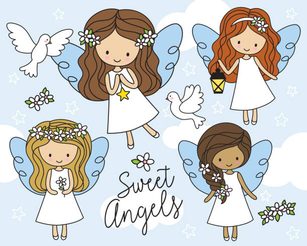 Little Angels in White Dress Vector Illustration Vector illustration of cute little girl angels in white dress with cloud background and white doves. christening stock illustrations