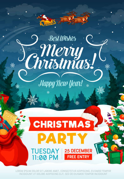 Christmas holiday party invitation poster Ð°ÑÐ¸ÑÐ°. ÐºÑÐ¸ÑÑÐ¼Ð°Ñ. Ð¿ÑÐ°Ð·Ð´Ð½Ð¸Ðº christmas santa tree stock illustrations