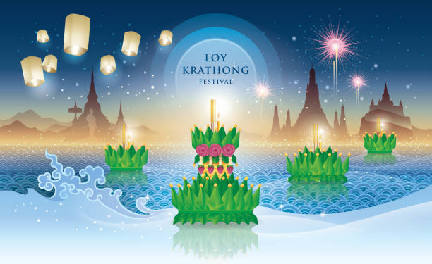 Thailand Loy Krathong Festival, Thai traditional, Thai Water Splash and Lantern with Landmark in Thailand Thailand Loy Krathong Festival, Thai traditional, Thai Water Splash and Lantern with Landmark in Thailand, Krathong made of green banana leaves Vector Illustration, Jasmine and Roses Garland, Welcome to Thailand, krathong stock illustrations