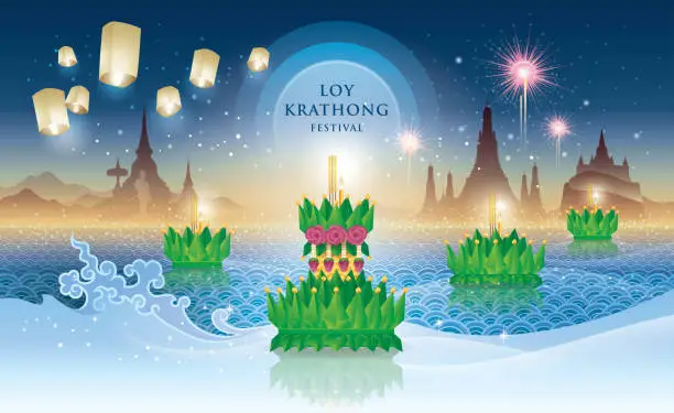 Vector illustration of Thailand Loy Krathong Festival, Thai traditional, Thai Water Splash and Lantern with Landmark in Thailand