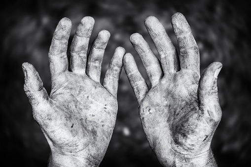 Dirty Male Hands After Hard Physical Work In A Black And White Shot Stock Photo - Download Image Now - iStock