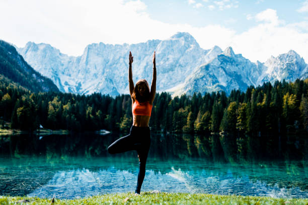 istock Woman practising the warrior pose in nature 1049705000