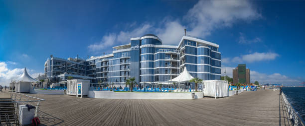 Odessa Dolphinarium in Ukraine Odessa, Ukraine - 09.12.2018. Odessa Dolphinarium outside panoramic view in a sunny summer day. odessa beach stock pictures, royalty-free photos & images