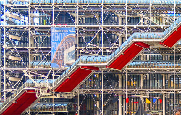 Modern architecture and building, museum center Pompidou with abstract patterns and people on the square, Paris France renzo piano