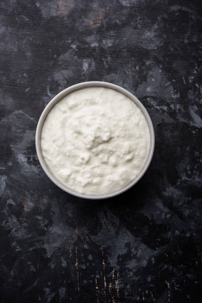 istock Plain curd or yogurt or Dahi in Hindi, served in a bowl over moody background. Selective focus 1049717402