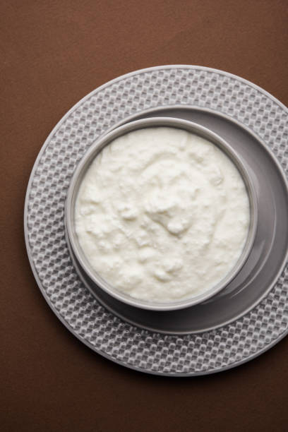 Plain curd or yogurt or Dahi in Hindi, served in a bowl over moody background. Selective focus