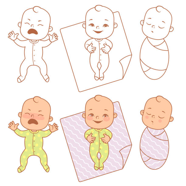 ilustrações, clipart, desenhos animados e ícones de lindo pequeno bebê chorar, sorrir, dormir. - newborn little girls baby lying down