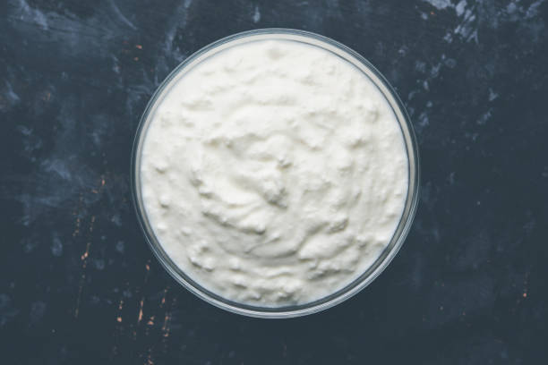 istock Plain curd or yogurt or Dahi in Hindi, served in a bowl over moody background. Selective focus 1049725354