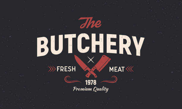 The Butchery - vintage logo concept. Emblem of Butchery meat shop with Meat knives. Retro poster for shop, restaurant. Butchery logo template. Grunge texture. Vector illustration Vector illustration butcher illustrations stock illustrations