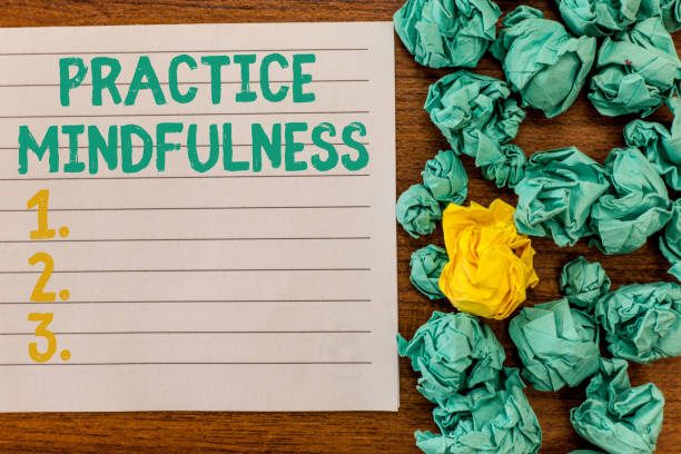 istock Writing note showing Practice Mindfulness. Business photo showcasing achieve a State of Relaxation a form of Meditation 1049732892