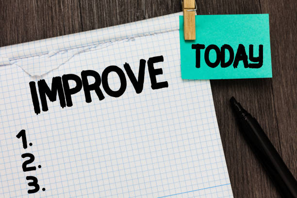 istock Conceptual hand writing showing Improve. Business photo showcasing Make become better Development increase capacities Grow Change Notebook holding reminder important message wood background. 1049732990