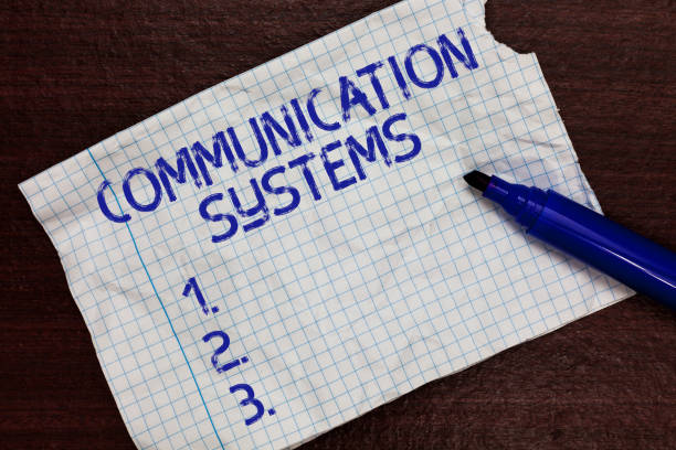 istock Writing note showing Communication Systems. Business photo showcasing Flow of Information use of Machine to transmit signals Squared notebook paper Markers Communicating ideas Expressing feelings. 1049733358