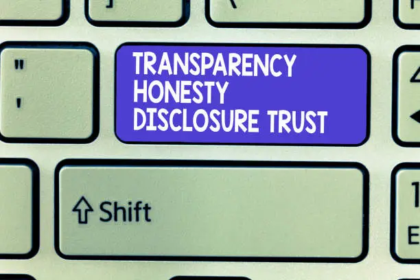 Photo of Word writing text Transparency Honesty Disclosure Trust. Business concept for Political Agenda Corporate Will